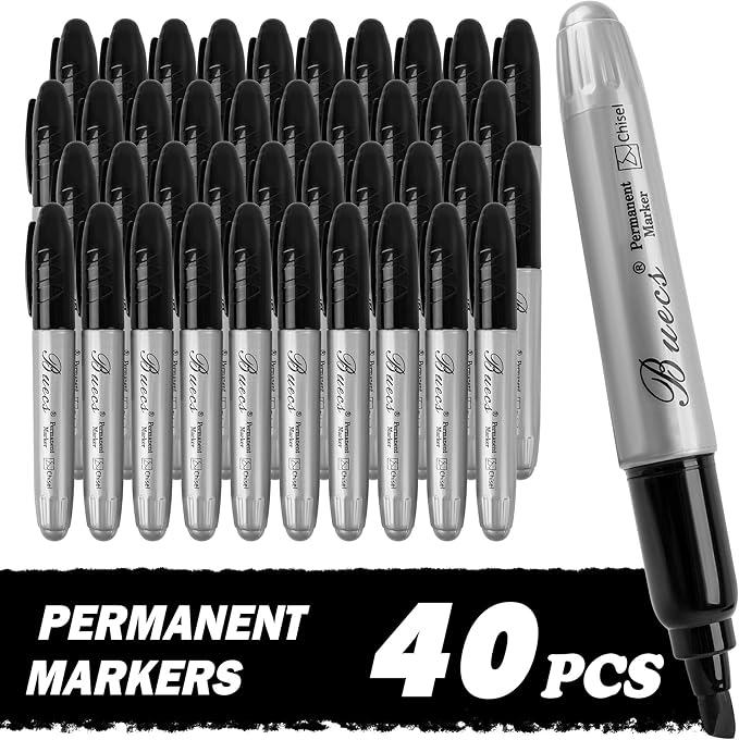 Buecs King Size Permanent Markers, 40 Count Black Jumbo Permanent Markers, Chisel tip, Waterproof & Smear Proof Markers, Quick Drying, Office Supplies for School, Office, Home