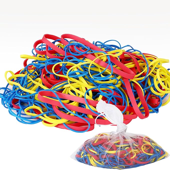 405 pcs assorted size rubber bands 0.68lbs Elastic colored rubber bands for office supplies rubberbands bulk mix colors and size with bag,Red (3-1/2 x 1/4 inches), Yellow (3-1/2 x 1/8 inches),Blue (3-1/2 x 1/16 inches)