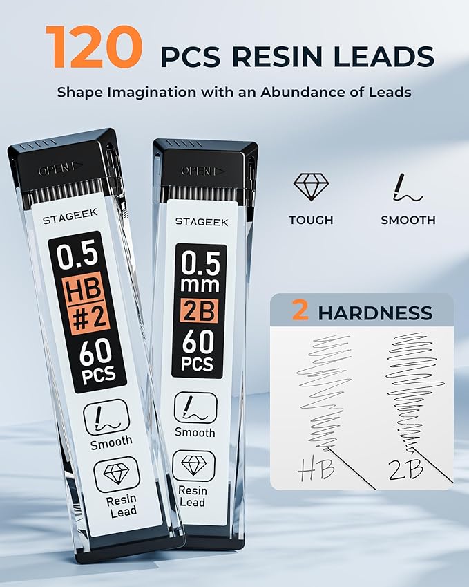 STAGEEK Mechanical Pencils 0.5 with Case, Metal Weatherproof Body Outdoor Artist Mechanical Pencil with 120 PCS HB & 2B Lead Refills, Eraser, for Writing Drafting Drawing and Sketching