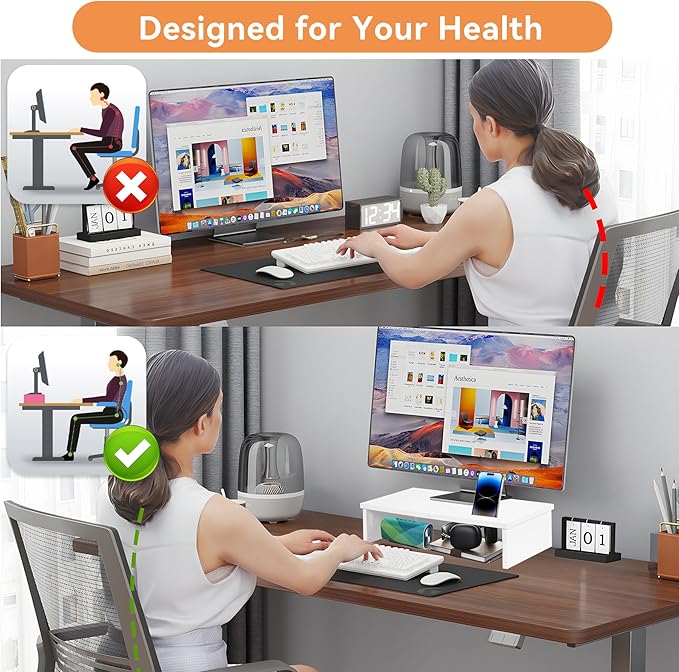 Qupui 21" Monitor Stand Riser with Phone Holder, Monitor Stand for Desk, Computer Monitor Stand, Desk Shelf for Top of Desk, Desktop Organizer for Laptop, Printer, TV