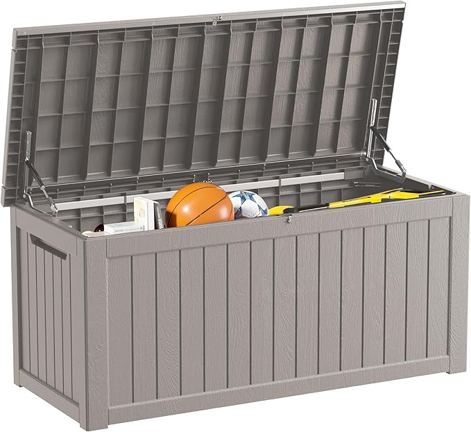 Decksplore 270 Gallon Outdoor Storage Box Waterproof Lockable Resin Deck Box Large, Patio Storage Bin for Pool Accessories Cushion Furniture, Garden Tools, UV-Resistant Outside Delivery Grey