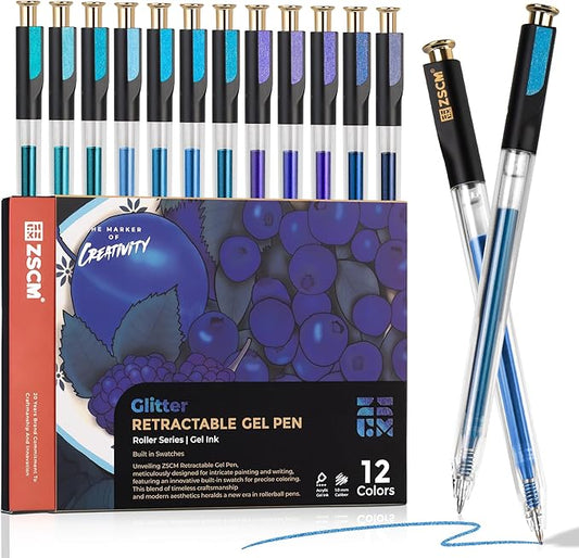 ZSCM Retractable Glitter Gel Pens, 12 Colors Large Capacity Blue Glitter Metallic Gel Ink Pen, 1 mm Fine Point Smooth Writing Color Pens for Adult Coloring Book Note Taking Aesthetic Art Supplies