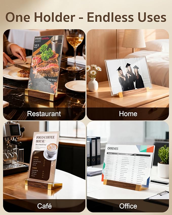1 Pack Acrylic Sign Holder 8.5 x 11 Inch with Walnut Wood Base, Clear Tabletop Acrylic Display for Menu & Flyer Holder, Commercial Table Frames for Restaurant, Office, Coffee, Bar, Wedding, Hotel