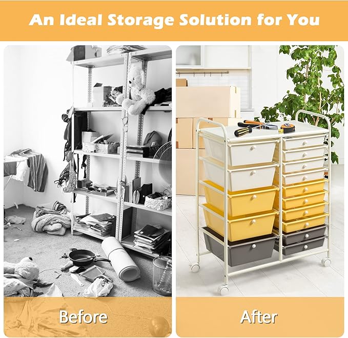DORTALA 15-Drawer Rolling Storage Cart with Drawers, Rolling Utility Cart w/Removable Drawers & Universal Wheels, Tools Scrapbook Paper Organizer for School, Office, Home, Classroom (Yellow)