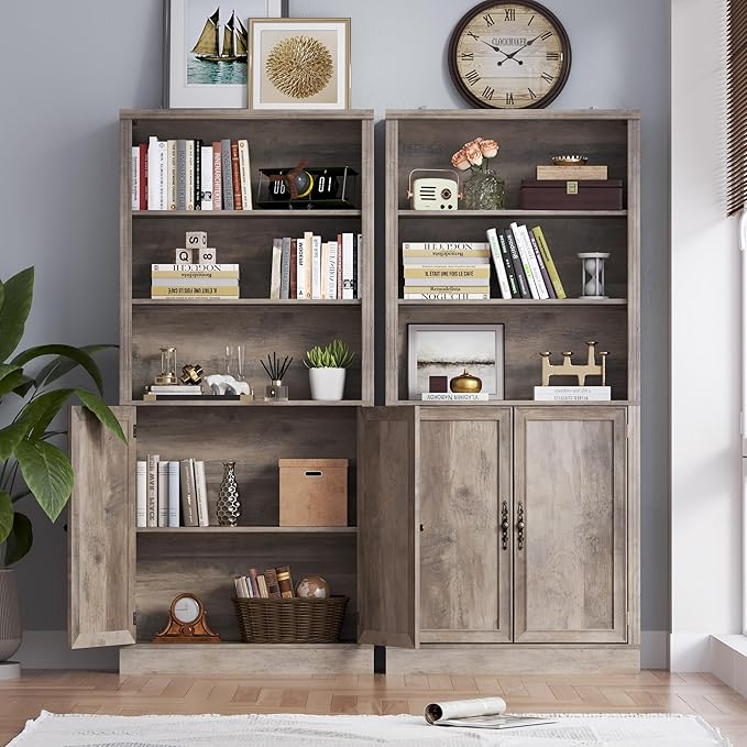 BORNOON 71.4" Tall Bookshelf with Cabinet, 5-Tier Floor Standing Bookcase with Doors & Adjustable Shelves, 31.5" Wide Storage Shelf, Metal Handles, Modern Organizer for Home Office, Living Room