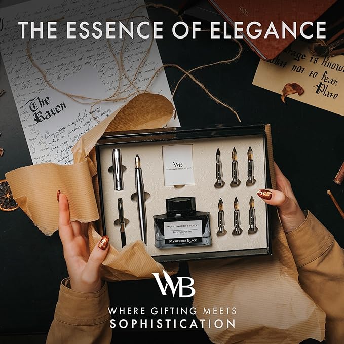 Wordsworth & Black Calligraphy Pen Gift Set, Includes Bottle, 6 Cartridges, 1 Refill Converter, 6 Replacement Nibs, Premium Package, Journaling, Smooth Writing Pens [Silver Chrome]