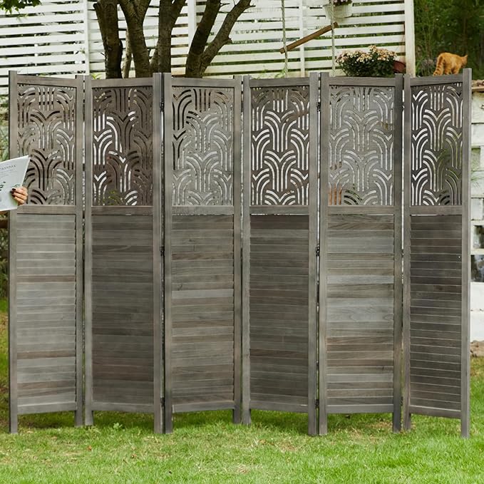 Svimi Folding Room Divider, 66.9 Inch 6 Panels Wood Carved Privacy Screens, Free Assembled Freestanding Portable Separation Wall for Home Office Restaurant Bedroom (Gray)
