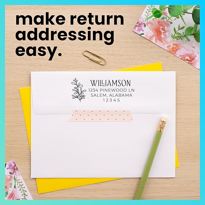 ExcelMark Address Stamp - Custom Return Address Stamp with Elegant Designs, Vibrant Colors & Patterns – Perfect for Mail, Invitations & Gifts (Pink Mount, Foliage Edge)