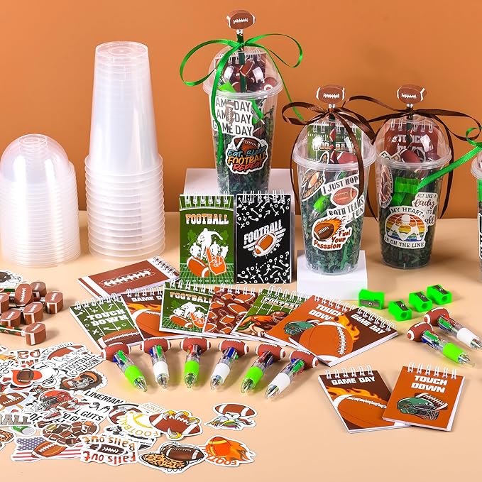 LiYiQ 247 Pcs Football Party Supplies Return Gifts for Party, Student Stationery Gifts from Teacher Rewards Prizes, Pencil Erasers Notebooks Stickers for Football Classroom Birthday