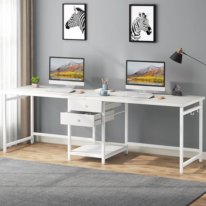 Tribesigns 79 Inch Extra Long Double Desk with 2 Drawers, Two Person Computer Desk with Storage Shelves, Writing Table Study Desk for Home Office, White