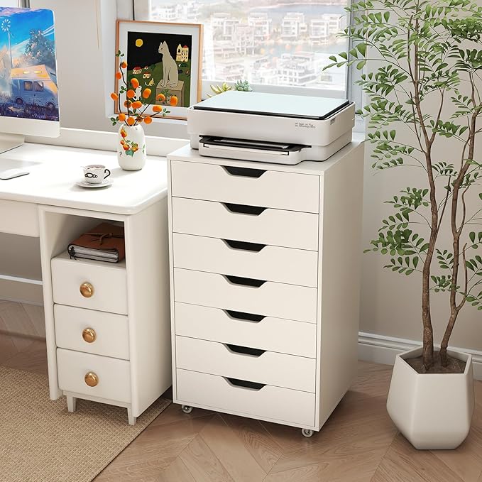 Giantex Drawers Cabinet Mobile Lateral Filing Organizer with 7 Drawers and Wheels Mobile Side Cabinet Chest for Home Office Storage Use 7-Drawer Dresser (19” x 16” x 34.5”, White)