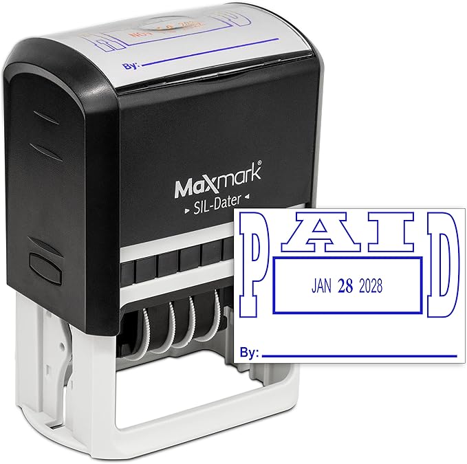 MaxMark Large Self-Inking Rubber Date Office Stamp with Paid Phrase & Date - Blue Ink, 12-Year Band - Style 5
