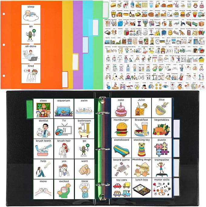 Communication Book Bulk 162 Laminate Icon Picture Cards with 5 Multicolor Dividers 1 Sentence Strip for Autism Vocabulary Language Speech Articulation Learning Supplies(Cartoon)