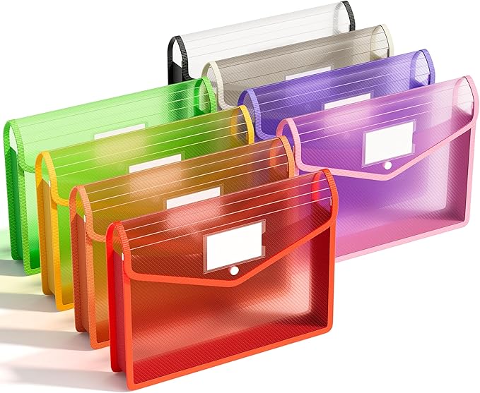 ABC life 8 Pack Plastic Expanding File Folder, Folders for Documents with Snap Closure, Colorful File Folder Organizer Holder, Transparent, Large Capacity, Fit Letter/A4 Size - Rainbow