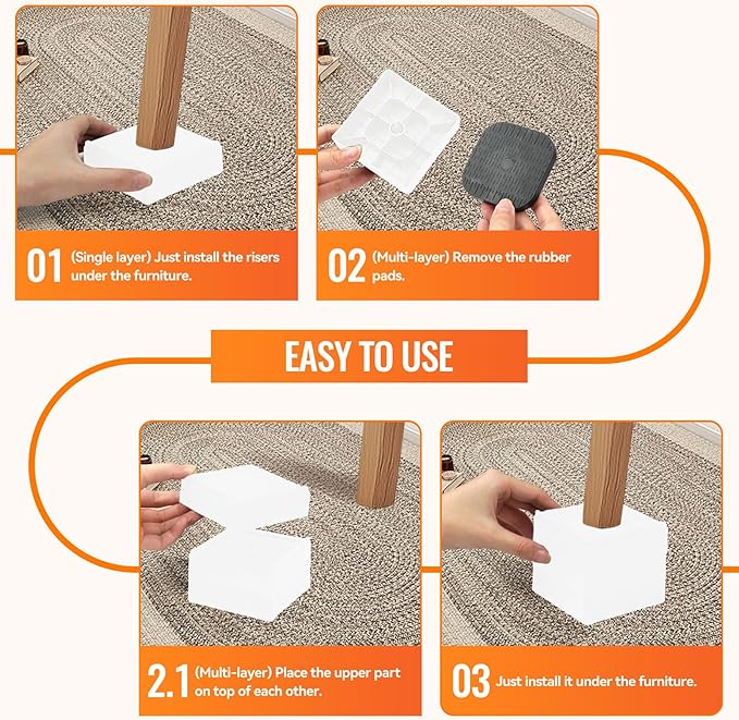 shouwuhho Furniture Risers, 8 Pack Bed Risers with Non-Slip Grip and Heavy Duty Support, 1 Inch 2 Inch 3 Inch 4 Inch Height Lift for Couch, Sofa, Table, Desk, Chair, Refrigerator - White, 1 Inch