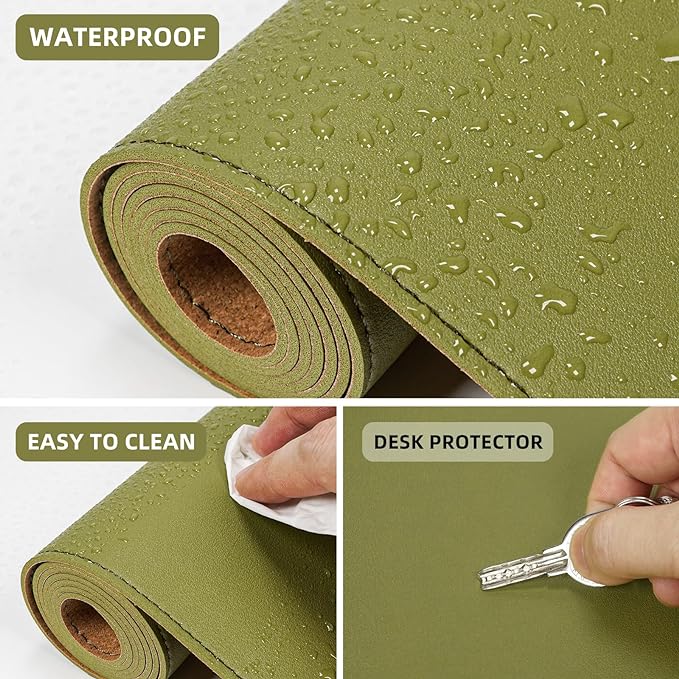 Leather Desk pad Protector, Large Desk mat with Natural Cork & PU Leather,Mouse pad,Non-Slip Office Desk Mat,Waterproof Desk Writing Pad for Office and Home (47in*23.7in, Olive Green)