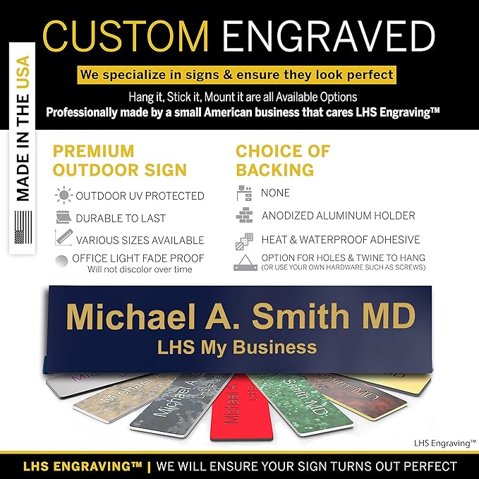 Custom Name Plate with Choice of Mounting for Walls, Doors, Cubicles, Hanging and More - Personalized Navy Blue Plastic Gold Letters - USA Made 2x12 - B10