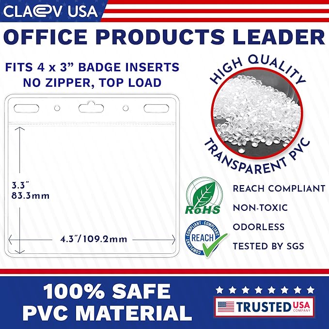 Claev - Horizontal Flexible and Tear Resistant Card Protector - Clear, 4x3 Inch, 100 Pack - Large Easy Open Plastic ID Name Badge Holders for Conferences, Conventions, Offices & Schools