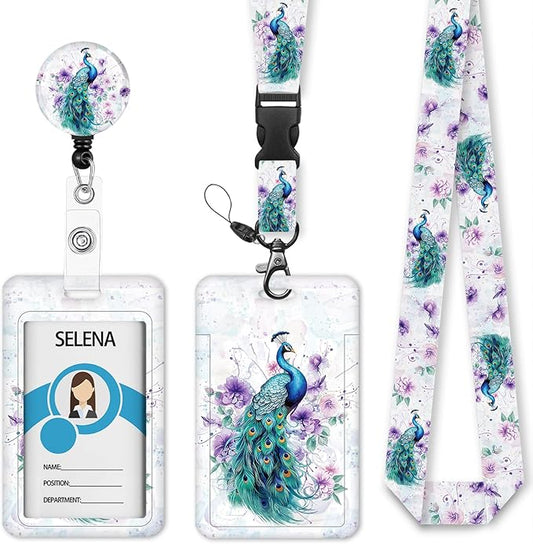 Peacock Lanyards for ID Badges, Badge Holder with Lanyard Detachable, Badge Reel Retractable Keychain Clip, Vertical Cruise Ship Cards Holder Protector Name Tags, Teacher Nurse Office Women Gifts
