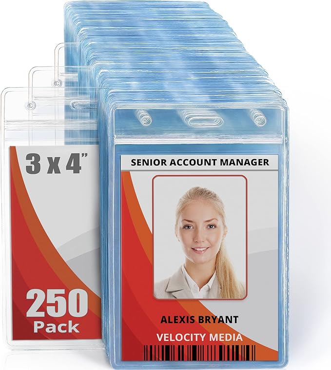 Mifflin-USA Large (L) Vertical ID Badge Holders (Clear, 3x4 inch, 250 Pack), Plastic Nametag Covers with Zipper, Name Tag Holder