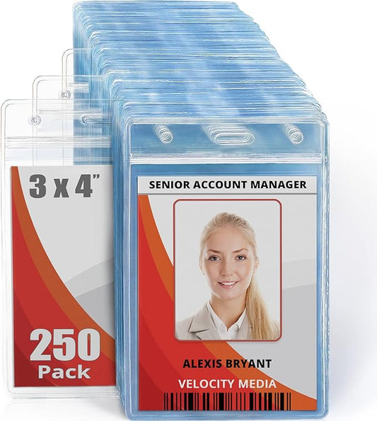 Mifflin-USA Large (L) Vertical ID Badge Holders (Clear, 3x4 inch, 250 Pack), Plastic Nametag Covers with Zipper, Name Tag Holder