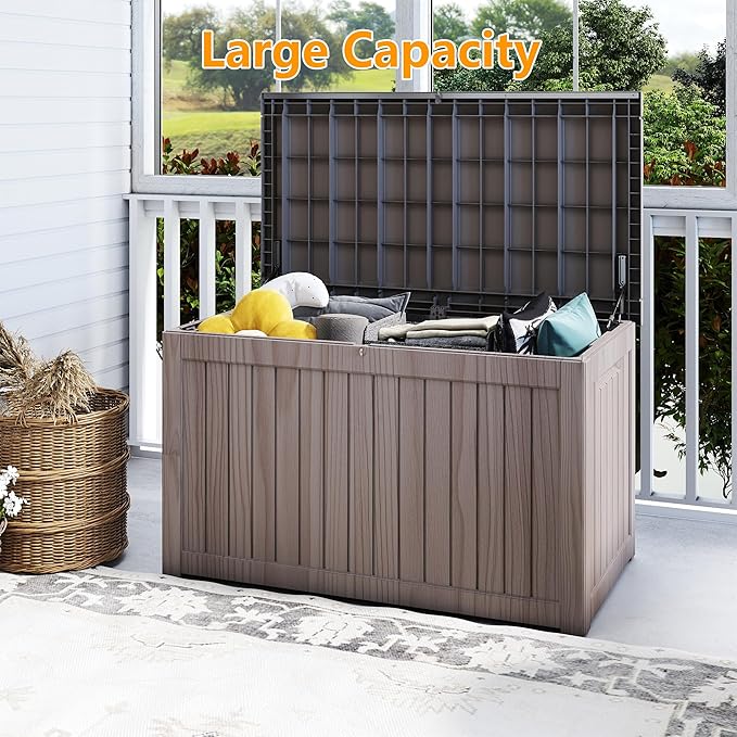 Yardgrace 270 Gallon Outdoor Storage Box Waterproof, Resin Deck Boxes with Lockable Lid & UV-Resistant for Patio, Pool, Garden Furniture Cushions & Accessories, Coffee