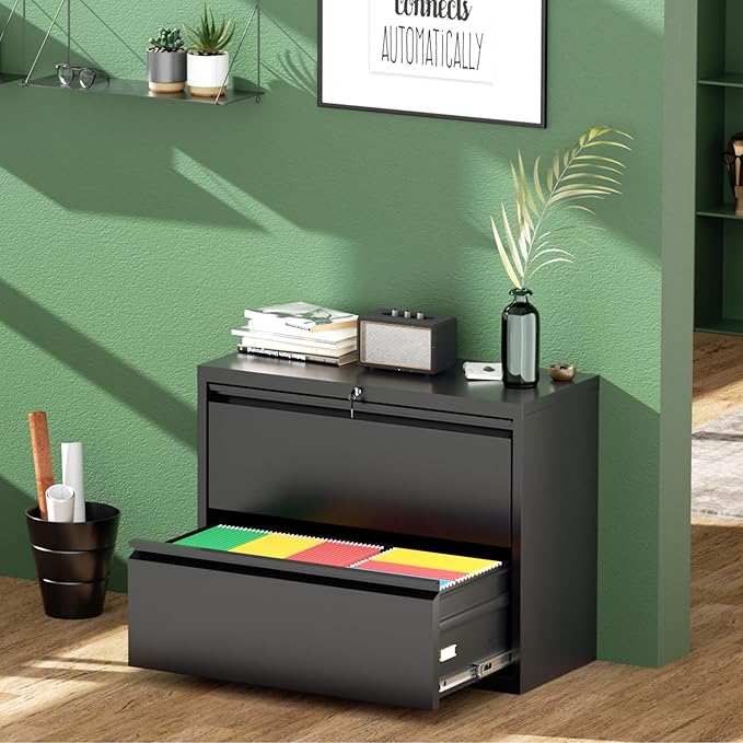 Greenvelly 2 Drawer File Cabinet, Metal Filing Cabinet with Lock, Black Lateral File Cabinet for Home Office, Locking File Cabinet for Letter/Legal/F4/A4 Size Hanging Files, Easy Assembly