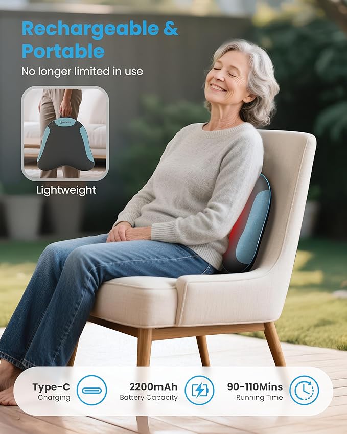 COMFIER Cordless Back Support Pillow for Office Chair, Lower Back Massager with Heat, Shiatsu Back Support Cushion, Rechargeable & Portable for Office, Home Use, Gift for Women