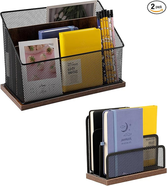 ASIFMTHOT 3-Tier Vertical File Storage with Retro Wooden Desk Mail Organizer and Metal Mesh Desktop Organizer for Home Office