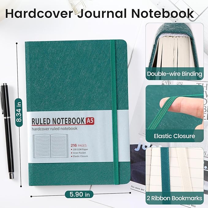TSFPapier Lined Journal Notebook for Women Men 216 Pages A5 Hardcover Journals for Writing Daily Journaling Notebook for Work, School, Note Taking, Business, Travel Dark Green