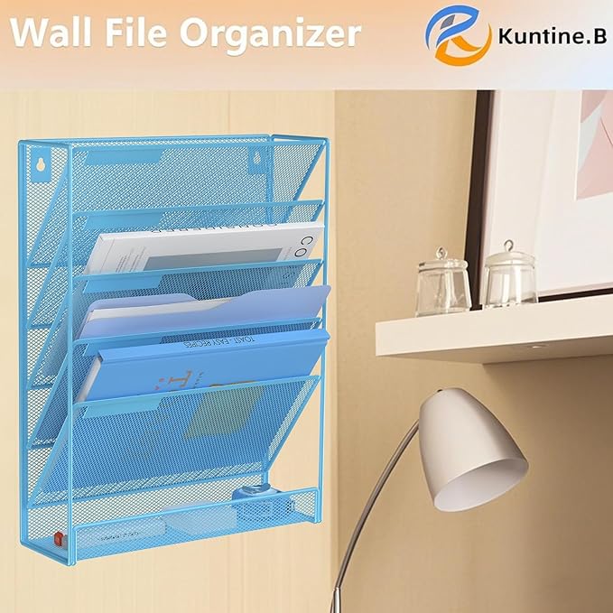 Kuntine.B 6-Tier Wall File Organizer Hanging File Organizer Cubicle Organizer Wall File Holder for Office Home (Blue, 6 Tier)