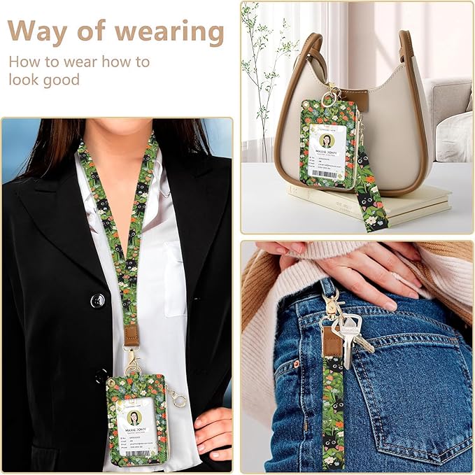 bolimoss Cute 2-in-1 ID Badge Holder & Lanyard Wallet, Black Cat Floral Wallet with Removable Wristlet & Neck Lanyard, Clear Window, 5 Card Slots, 1 Side Zipper Pocket, Ring Keychain