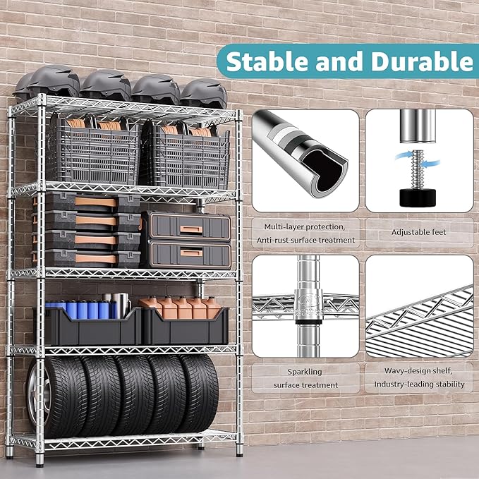 M MZG 1750 LBS Storage Shelves 5-Tier Utility Shelving Unit Steel Organizer Wire Rack for Home,Kitchen,Office,Garage, Capacity 17.7" D x 47.2" W x 72.3" H | Organizer Wire Rack, for Home, Kitchen, Office, Garage, 1750 LBS Capacity