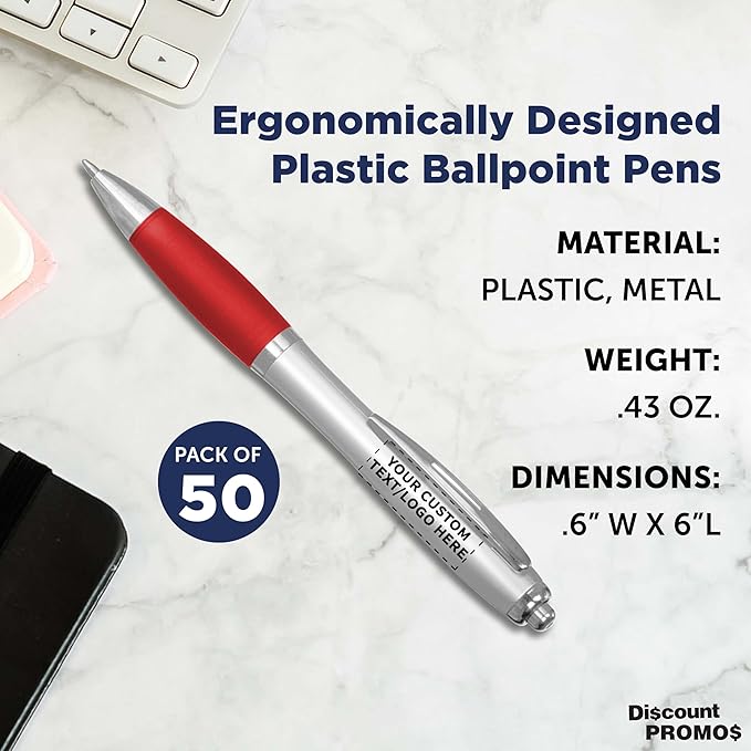 DISCOUNT PROMOS Personalized Ballpoint Pens With Rubber Grip, 50 pack Customizable Ergonomic Click-to-Write Custom Writing Pens for School with Black Ink, Red