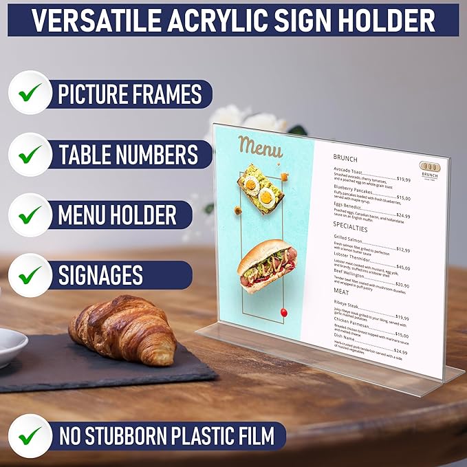 Acrylic Sign Holder 11 x 8.5 - Acrylic T Shape Table Top Display Stand, 6 Pack, Double Sided, Bottom Load, Landscape Style Menu Ad Frame. Perfect for Restaurants, Promotions, Photo Frames, Classroom