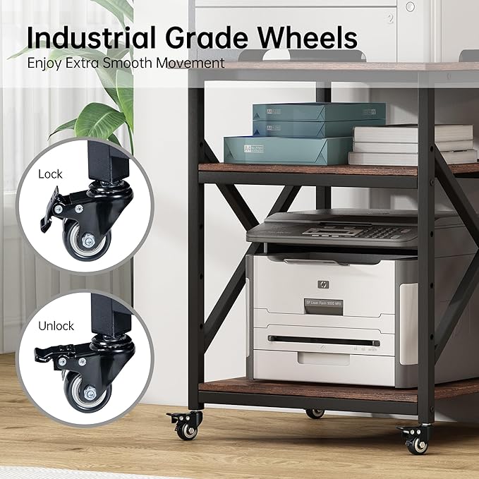 Fannova 23.6 x 23.6 Inches Large Printer Stand, 3 Tier Square Printer Table with Height Adjustable Storage Shelf, Rolling Printer Cart with Industrial Wheels for Home Office - Rustic Brown