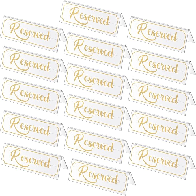 16 Pieces Reserved Sign Acrylic Clear Reserved Table Tent Signs Table Number Holders for Wedding Printed Seating Reservation Restaurant Business Office Meeting Party (Gold)