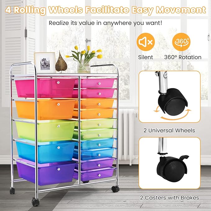 GLACER 15 Drawers Rolling Cart, Storage Cart with w/Removable Drawers & Steel Frame, Multipurpose Organizer Cart w/Sleek Handle, Utility Cart on Lockable Wheels for Home, School, Office (Rainbow)