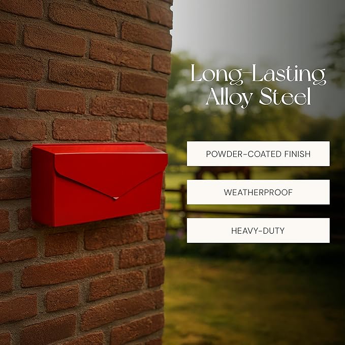 NACH Red Envelope Wall Mount Mailbox, Rust Resistant Metal Mailbox, Red Mailbox Wall Mount, Mailboxes for Outside Wall Mount, Outdoor Mailboxes, Wall Mailbox, 14.1 x 3.5 x 6 Inches, MB-6915RED