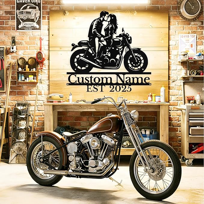 Custom Motorcycle Couple Metal Signs Personalized Biker Couple Name Sign Custom Garage Decor Motorbikes Wall Art Decor Motorcycle Sign Wedding Valentine's Day Gift for Couples