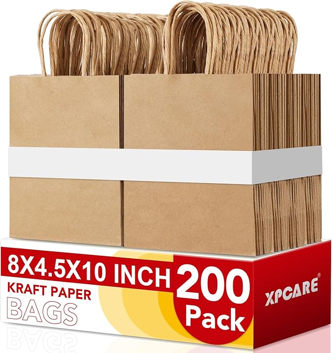 XPCARE 200Pack Paper Bags 8x4.5x10 Inch, Plain Medium Paper Bags with Handles Bulk, Kraft Paper Gift Bag, Retail, Party, Shopping, Favor Bag (Brown)