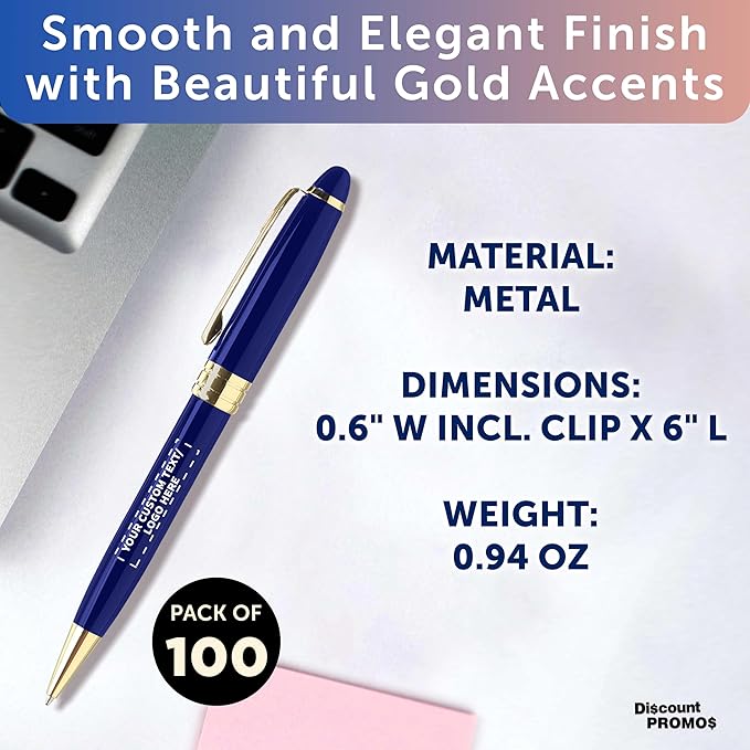 DISCOUNT PROMOS 100 Ultra Executive Pens Pack - Customizable Text, Logo - Twist To Write, Gold Accent - Blue