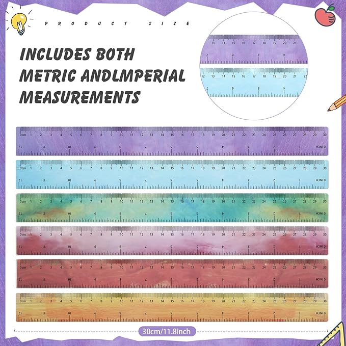 ForraFun 120 Pcs 12 Inch Plastic Ruler Bulk Colorful Transparent Ruler with Imperial and Metric Scales for Back School Office Supplies Home Tool Operation Measuring Drawing(Oil Painting Colors)