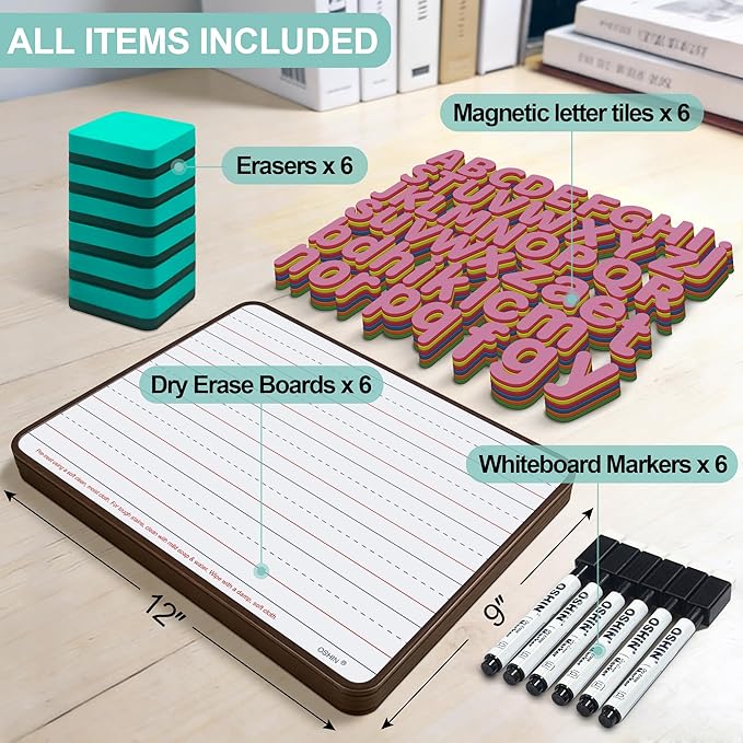 6 Pack Small White Boards, 9"x12" Double Sided Magnetic Dry Erase Boards Personal Handheld Whiteboards with Lines for Kids, Students, Teacher School, Include 6 Markers, 6 Erasers, 6X52 Pcs Letters