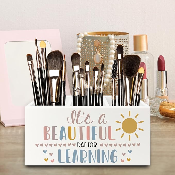QZQE Boho Classroom Pen Pencil Holder Organizer for Desk, It's a Beautiful Day for Learning Wooden Box Signs Decorations for Home Office Desk Tabletop, Boho Classroom Decor