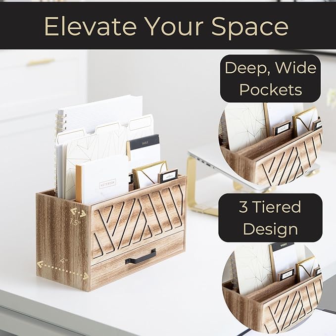 BLU MONACO | Natural Wood Desktop Mail Organizer with Drawer | Three-Tier Mail Sorter with Black Label Holders | Countertop Mail Holder & Document Storage for Home or Office