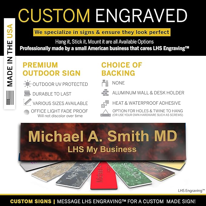 Engraved Name Plates for Door Sign Personalized Burlwood Plastic Plaque with Gold Letters - Made in USA 2x6 N2