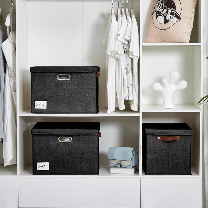 Roobyl 17" Large Collapsible Storage Bins with Lids, Stackable Closet Organizers with PU Handle and Labels, 3-Pack Decorative Fabric Storage Boxes for Home, Bedroom, Closet, Office, Nursery(Black)