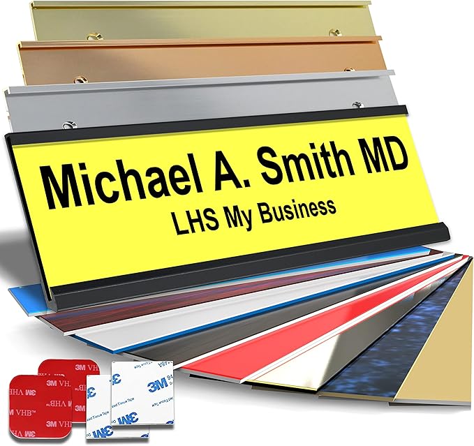 Personalized Name Plate with Choice of Mounting Holders for Walls, Doors, Cubicles, Hanging and More - Custom Yellow Plastic Black Letters - USA Made 2x10 - B4