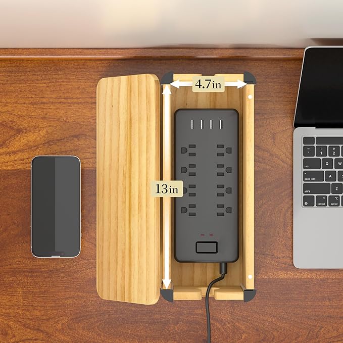Delamu Wooden Cable Management Box, Retro-Inspired Look Desk Cord Organizer Box for Home Office, Large Cable Organizer Hides Cords and Power Strips, Power Strip Cover, 14.3" x 6.0" x 5.5", White